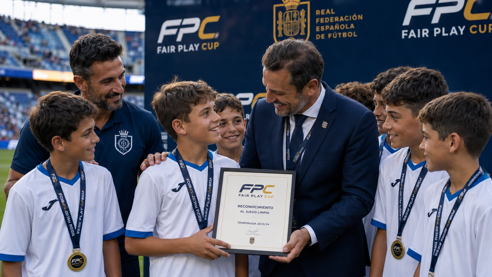 Equipo de fútbol base celebrando con respeto